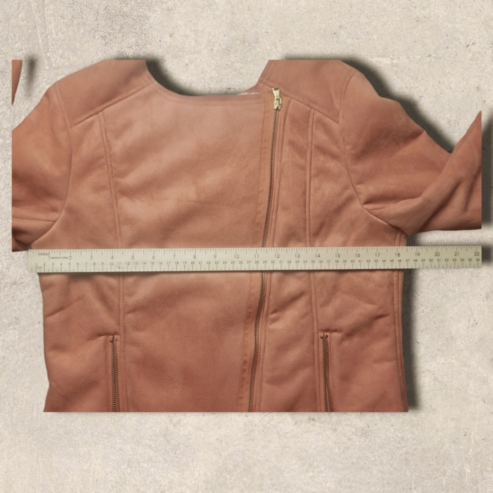 HAVE coral moto jacket faux suede sherpa lined raw hem women's Large - Picture 7 of 8